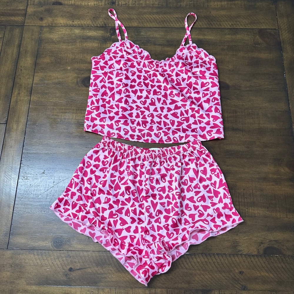 Colsie Pink Heart Print Pajama Set Cami and Ruffle Shorts Small RN17730
